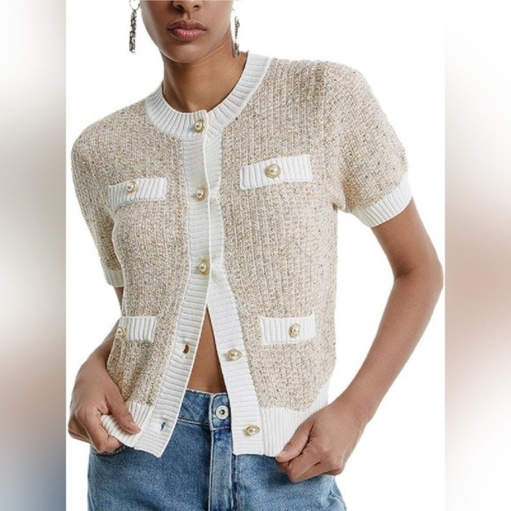 Urban Revivo Beige Tweed Knit Short Sleeve Cardigan Pearl Button Sweater XS